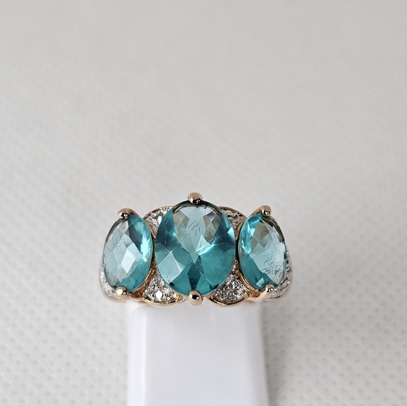 Stunning Caribbean Tourmaline & Diamond Ring Yellow Gold Vermeil Sz 7! - Picture 9 of 11